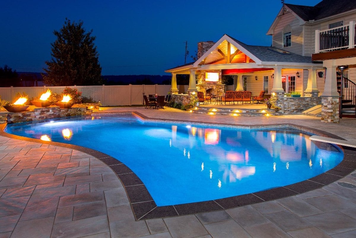 Lighted pool patio and pavilion