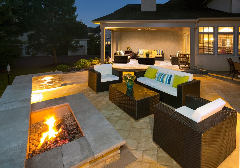 square fire pit on patio