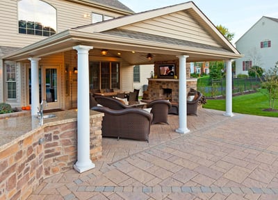 Patio with pavilion, outdoor fireplace, and outdoor kitchen in Lancaster, PA