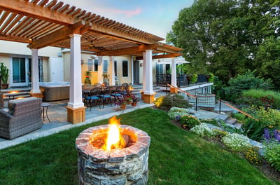 Redesigned landscape in Leola, PA with pergola and fire pit