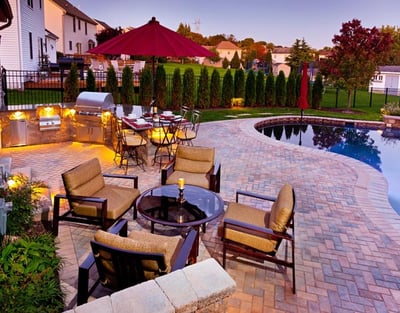 Patio landscape with outdoor kitchen, dining area, and pool