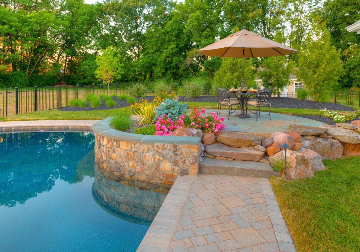 Patio with walkway and pool wall