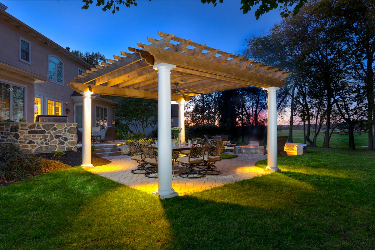 Landscaping after view of pergola with lighting in Lititz, PA